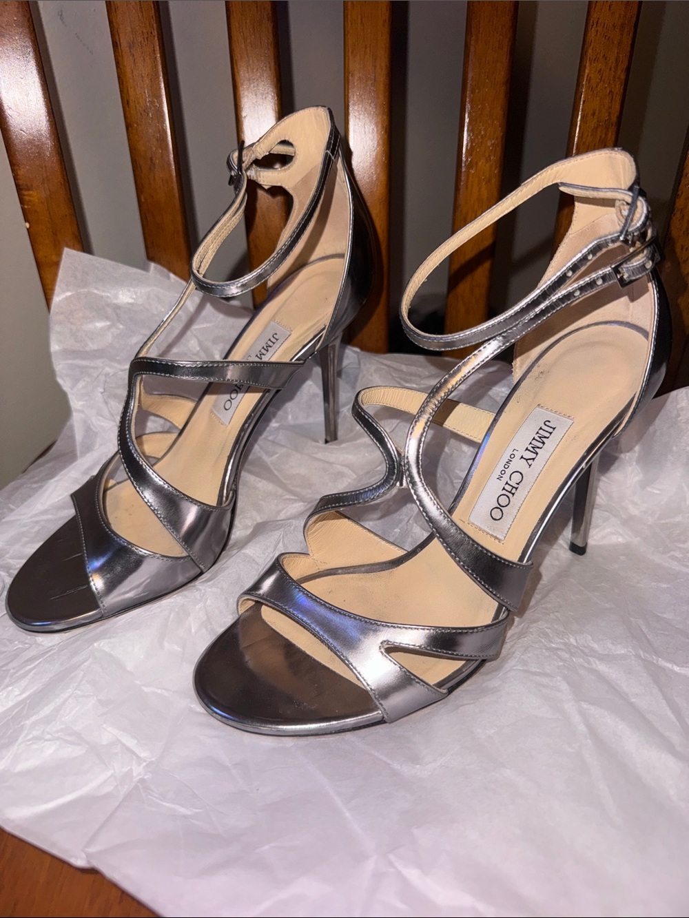 Jimmy Choo Metallic Silver Strappy Stiletto Sandals size 38
